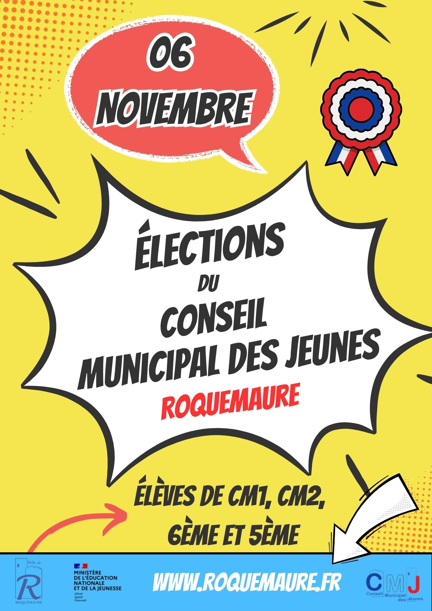 Affiche des élections du conseil municipal des jeunes de Roquemaure, le 6 novembre, pour les élèves de CM1, CM2, 6e et 5e