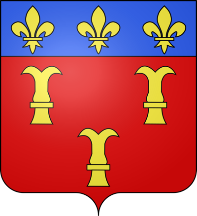 Blason de Roquemaure : écu rouge à trois rocs d’échiquier d’or, sous un chef bleu à trois fleurs de lys d’or