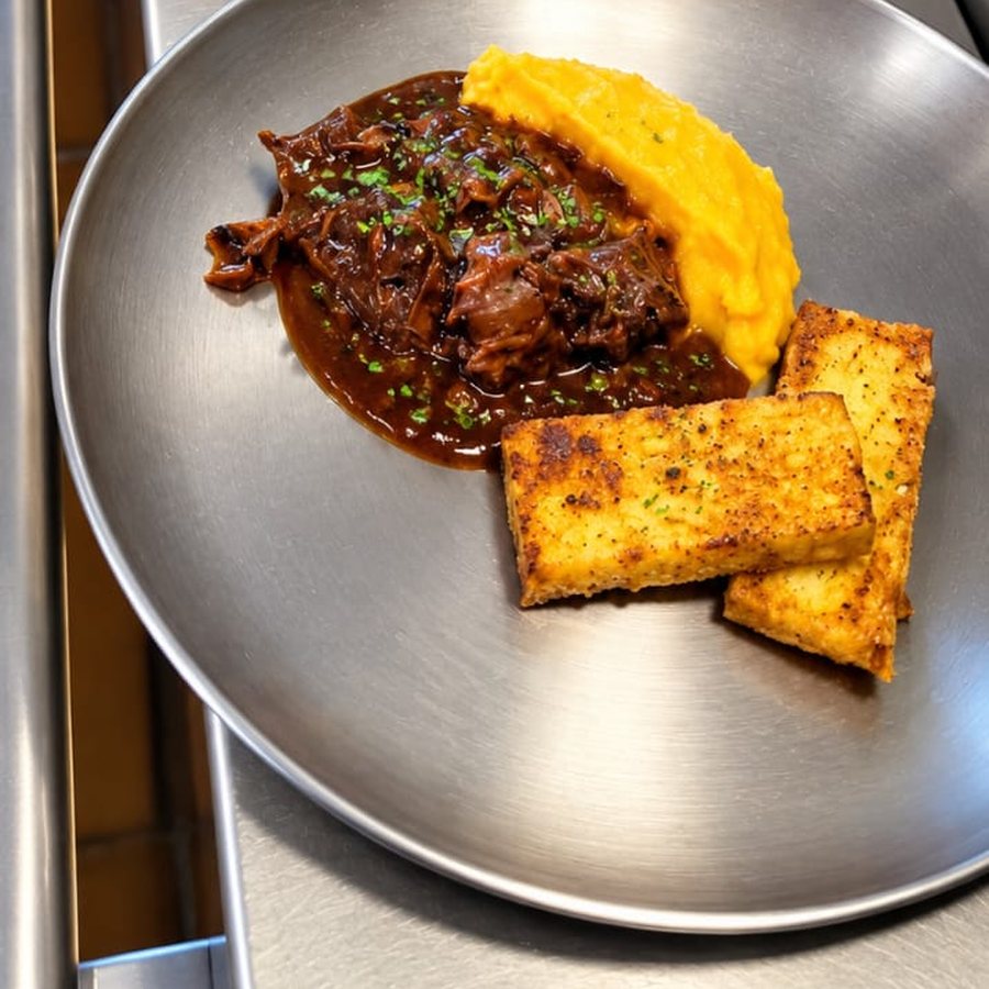 Viande mijotée et sa purée, préparée à la cantine