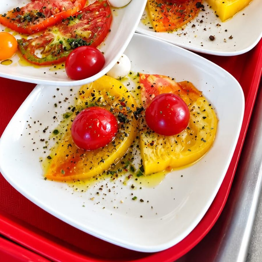 Salade de tomates et mozzarella préparée à la cantine