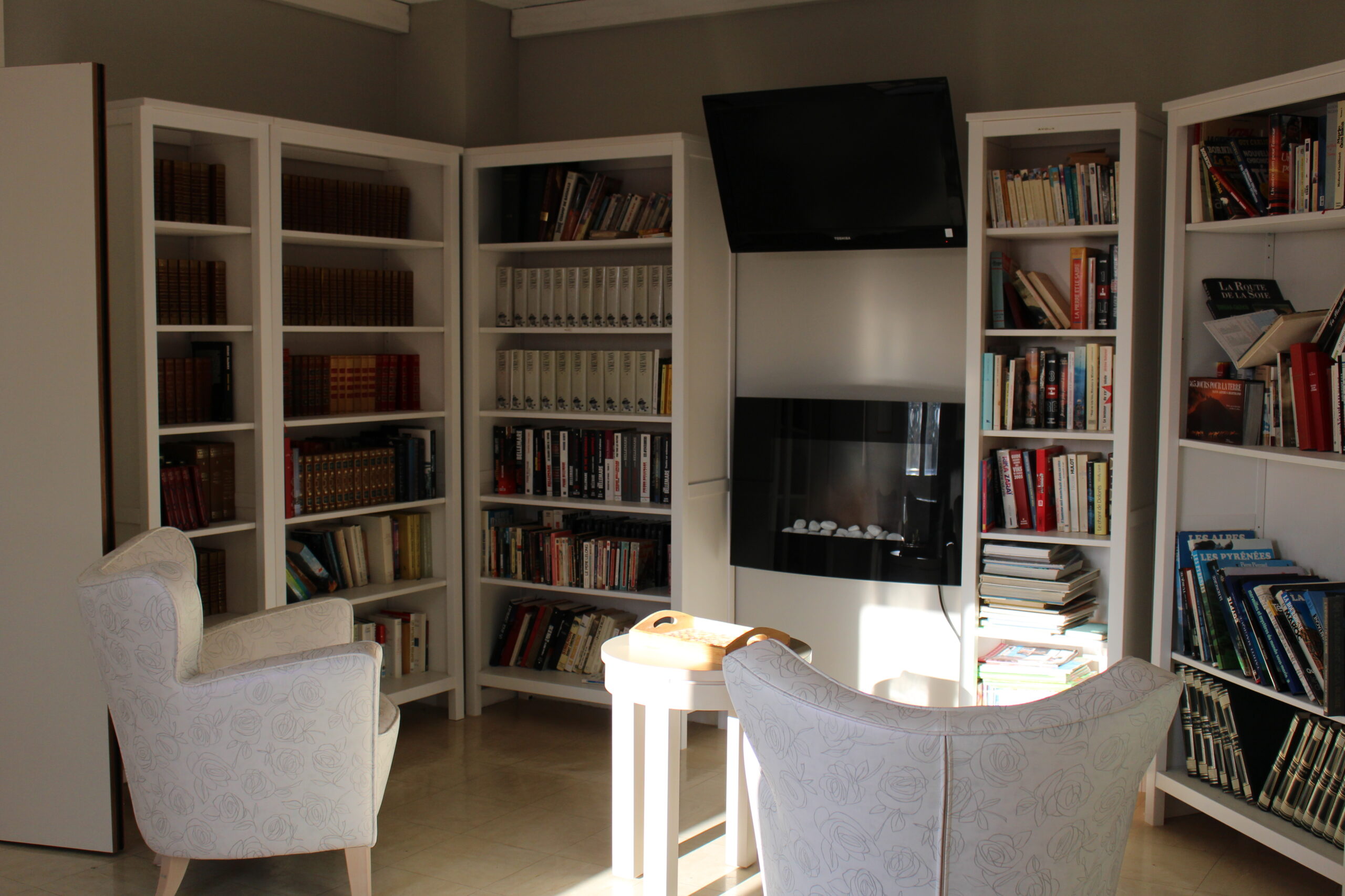 Salon-bibliothèque des Lavandines : fauteuils clairs, rayonnages de livres et téléviseur