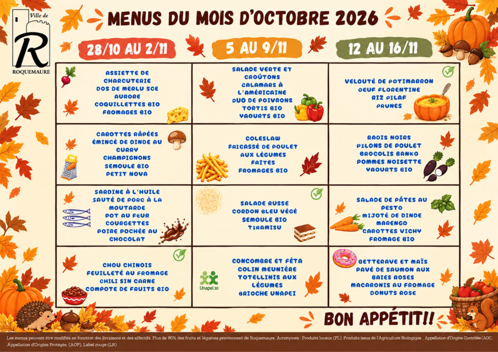 Menus de la cantine du 28 septembre au 16 octobre 2026