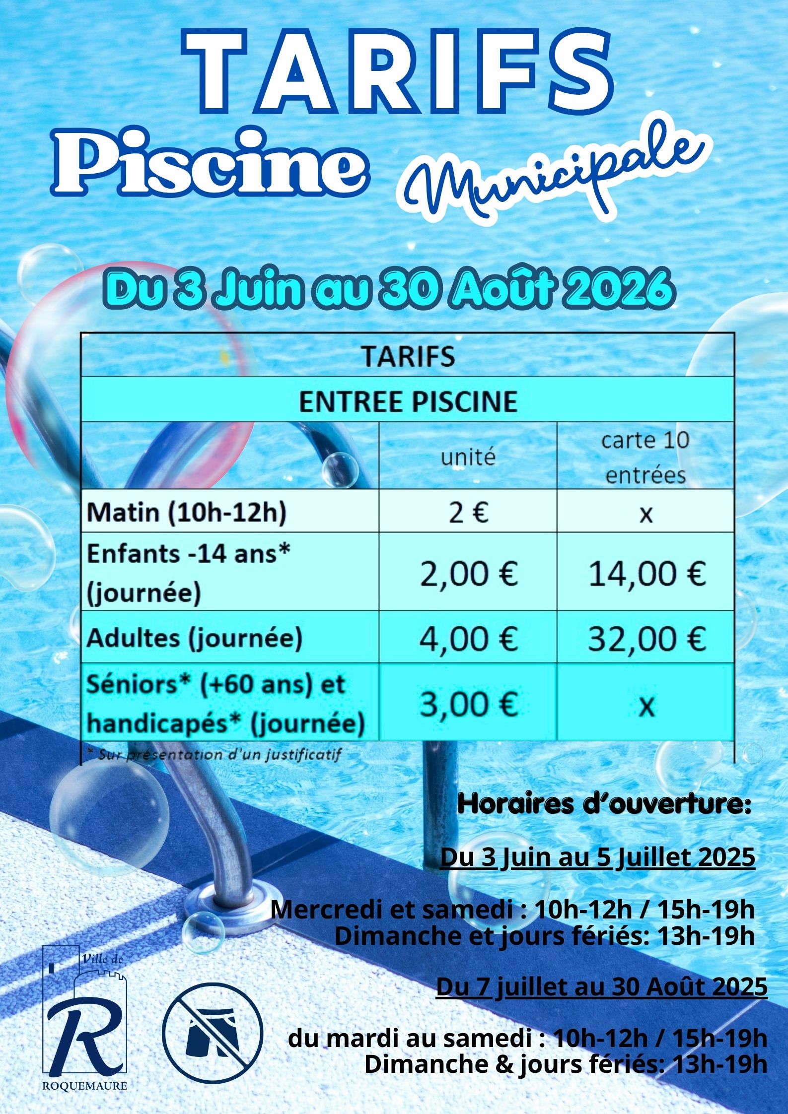 Affiche des tarifs et horaires 2026 de la piscine municipale