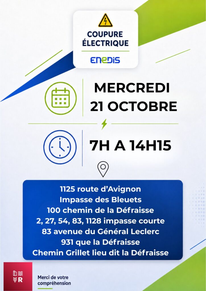 COUPURE ÉLECTRIQUE – MERCREDI 21 OCTOBRE