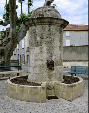 Fontaine de pierre en colonne, avec mascaron et bassin, sous un platane