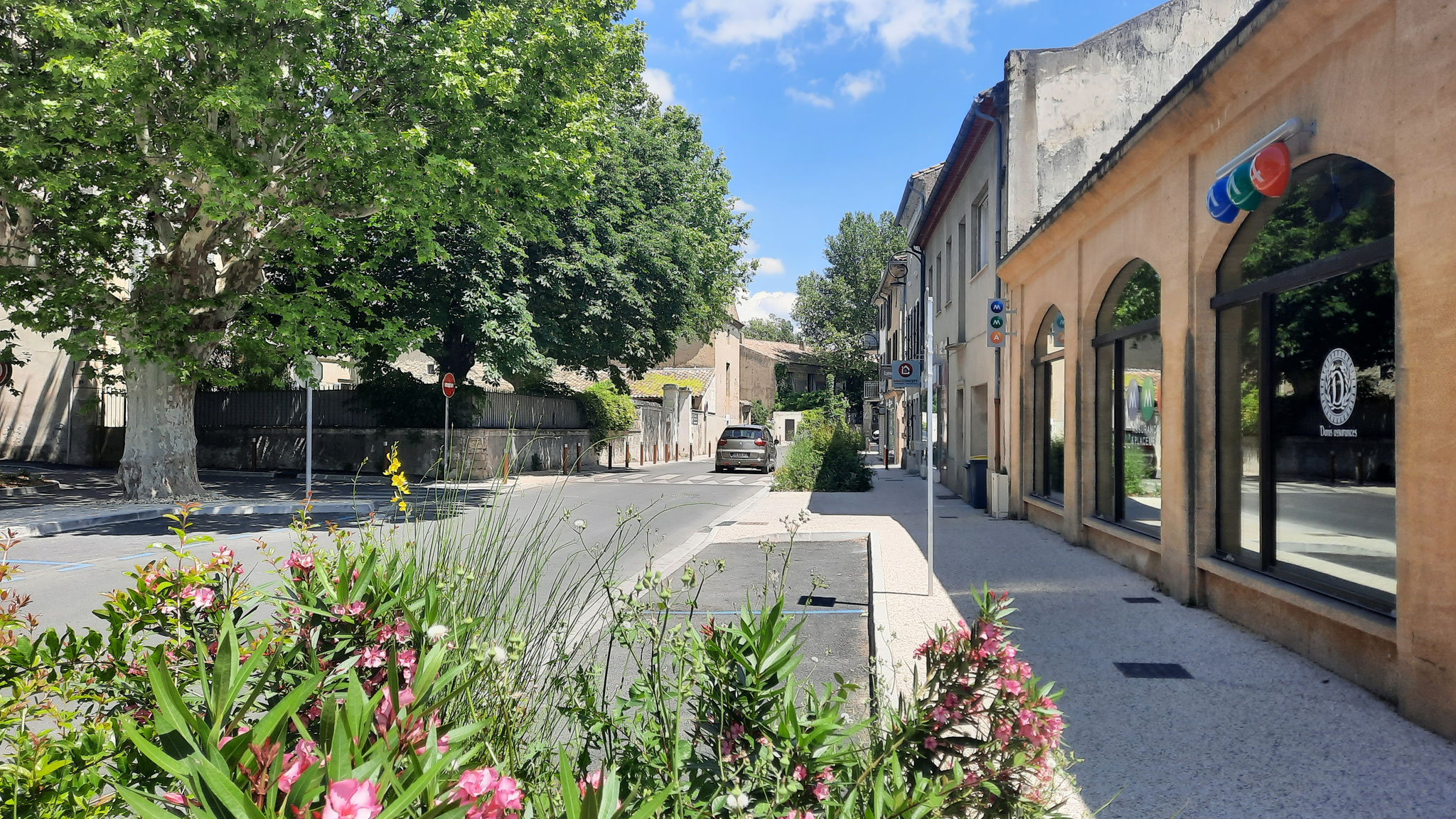 Le boulevard National refait, massif de lauriers-roses au premier plan et trottoir neuf le long d’une façade à arcades