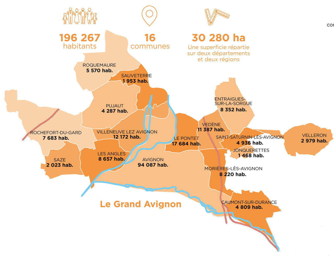 Carte de la communauté d’agglomération du Grand Avignon : ses seize communes et leur population, Roquemaure au nord-ouest