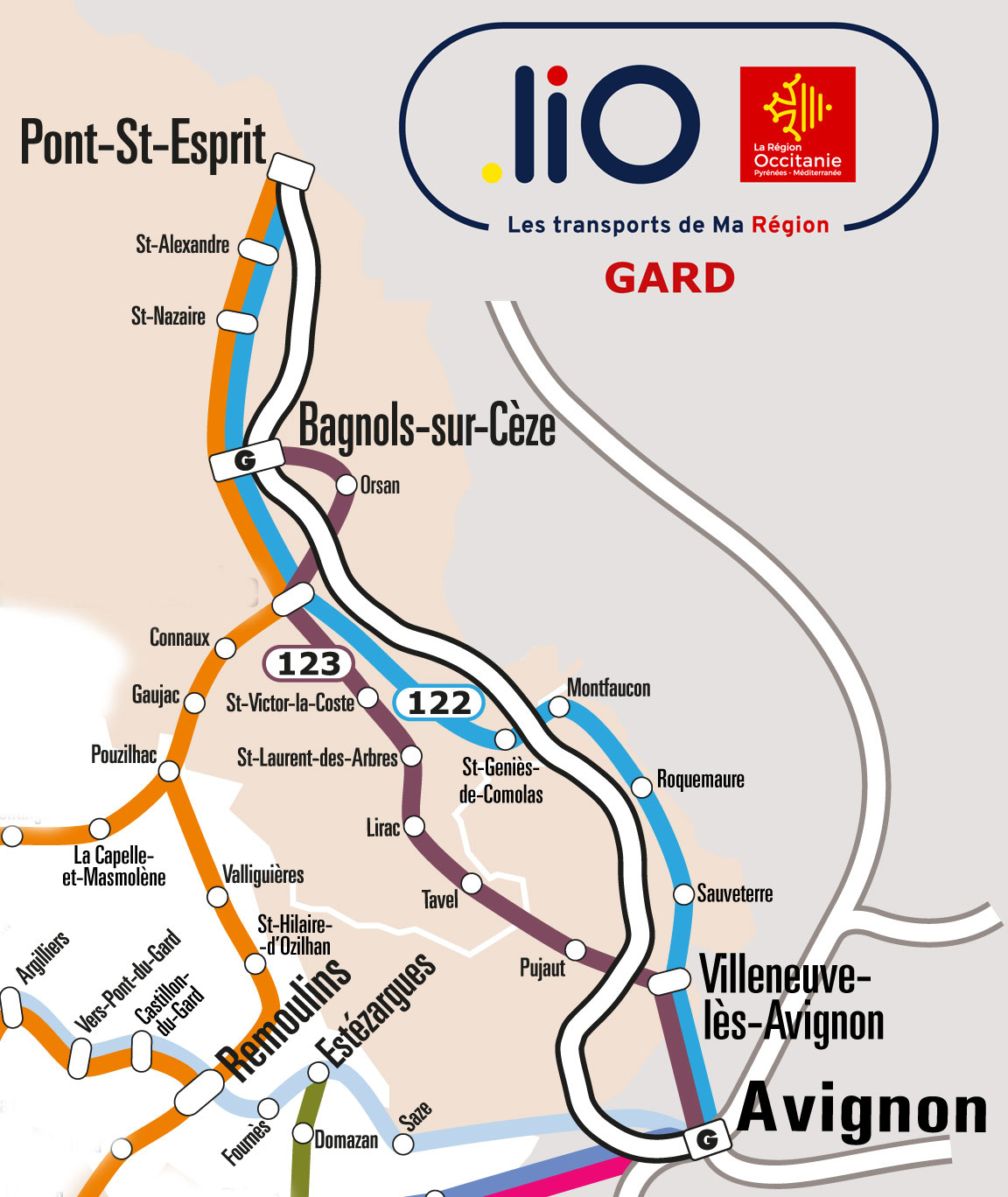 Plan schématique des lignes régionales liO du Gard, avec le tracé de la ligne 122 de Pont-Saint-Esprit à Avignon passant par Roquemaure et Sauveterre