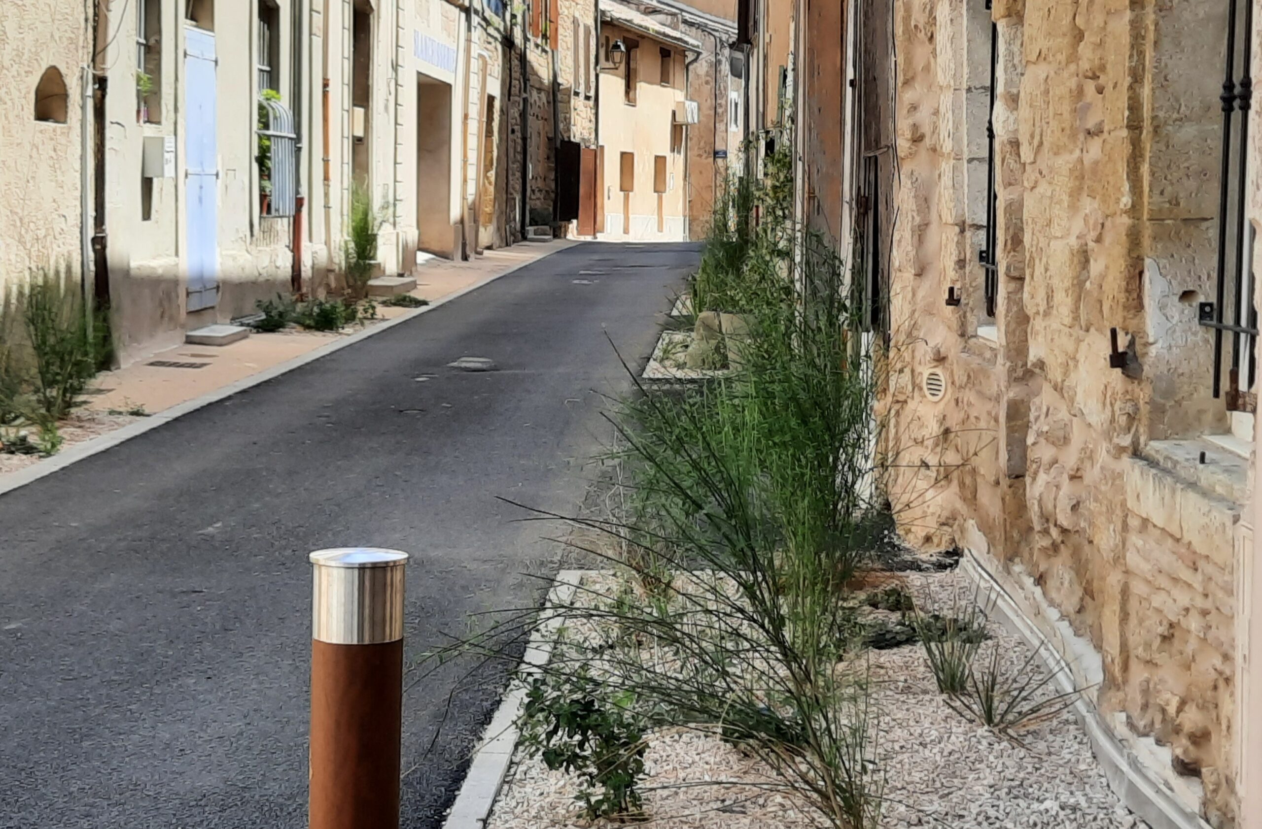 Rue Chambon refaite, trottoir et pied de façade plantés de graminées, potelet en bord de chaussée